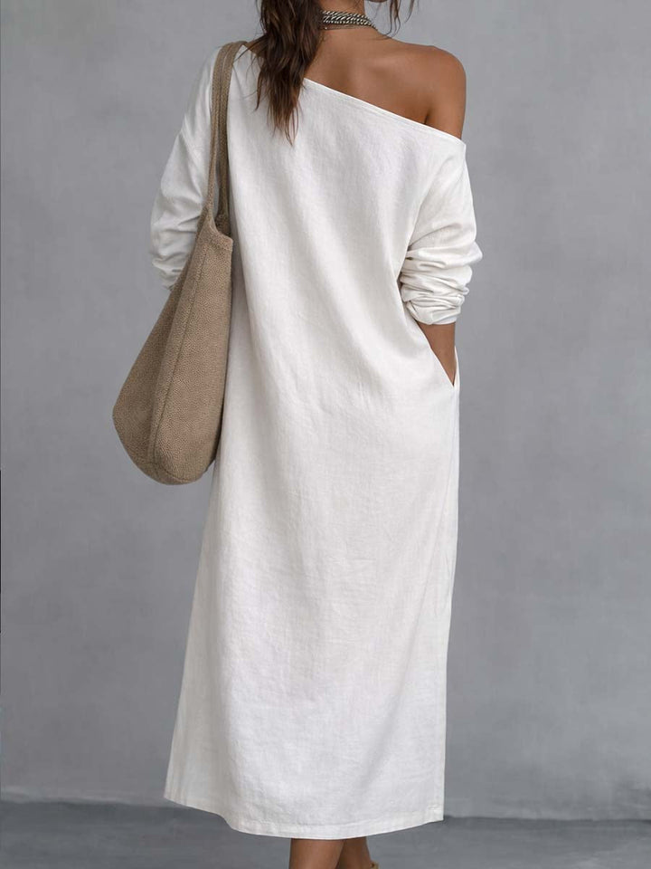 Abito Midi in Cotone e Lino con Spalle Scoperte