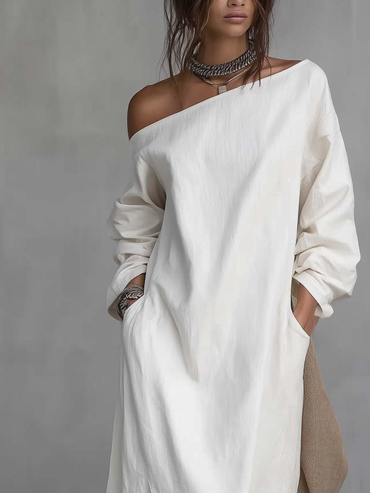Abito Midi in Cotone e Lino con Spalle Scoperte