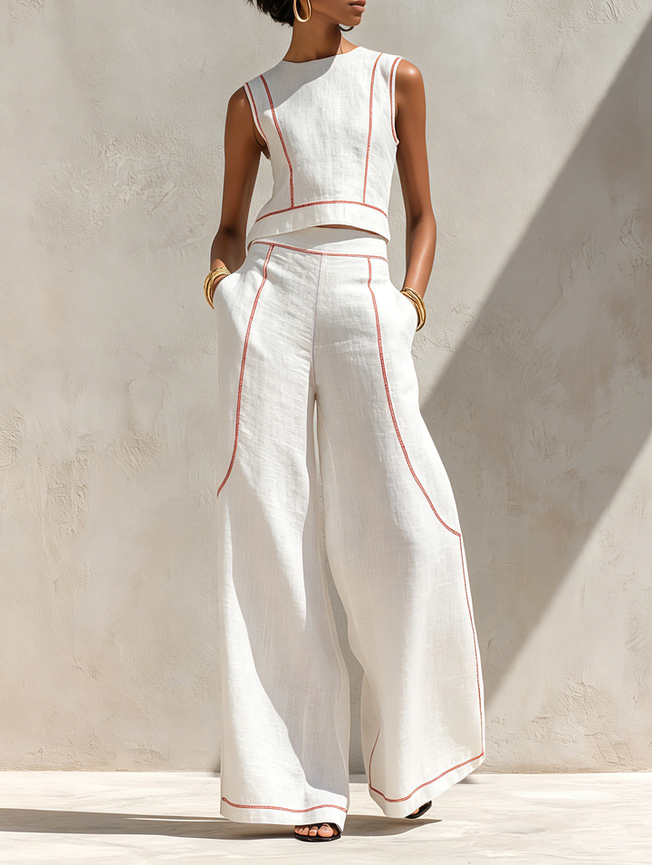 Completo Elegante con Pantaloni e Cuciture a Contrasto
