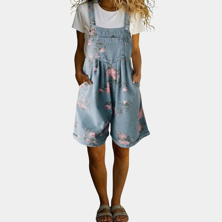 JUDY | SALOPETTE FLOREALE IN DENIM LAVATO