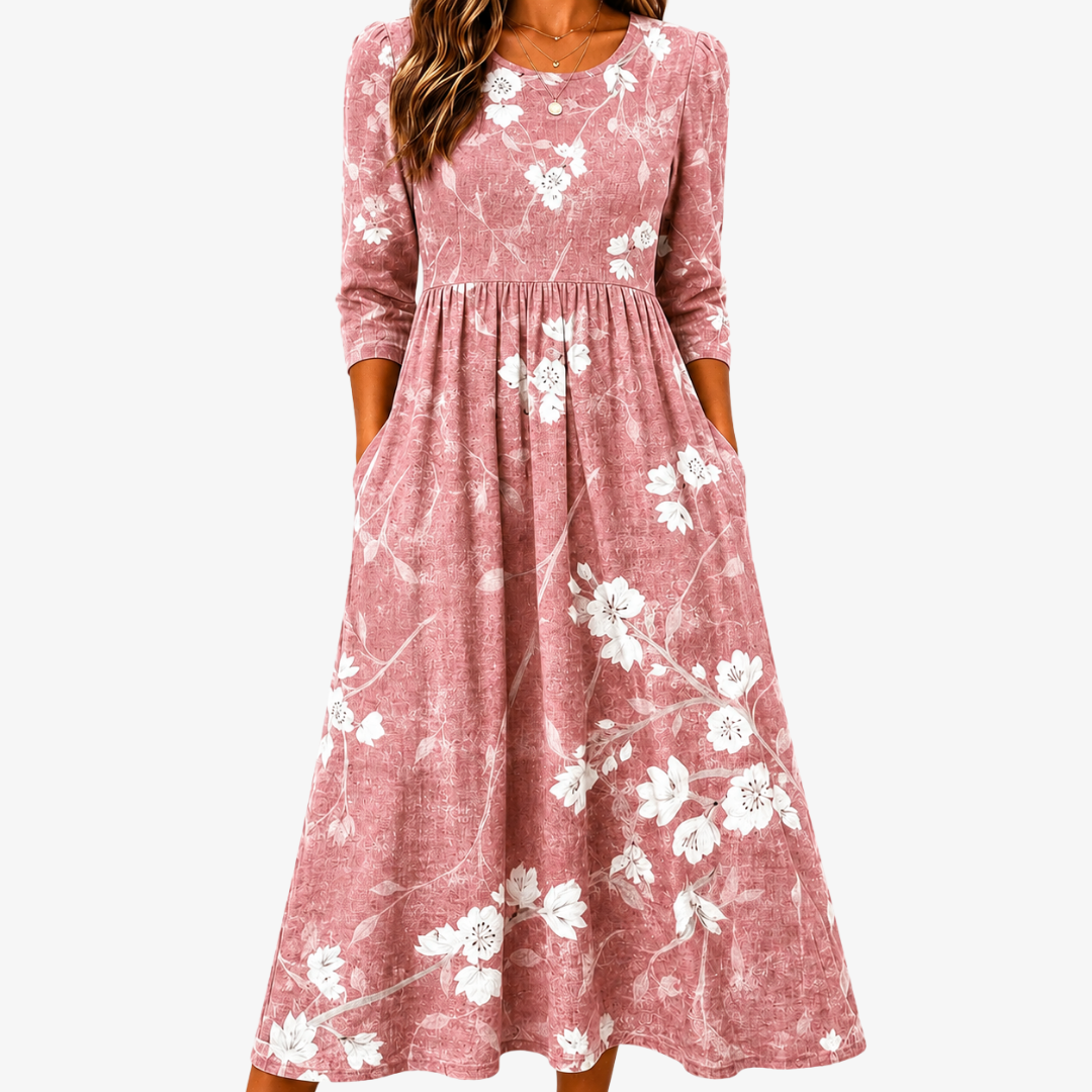 Abito Midi Rosa con Tasche e Grande Fiore