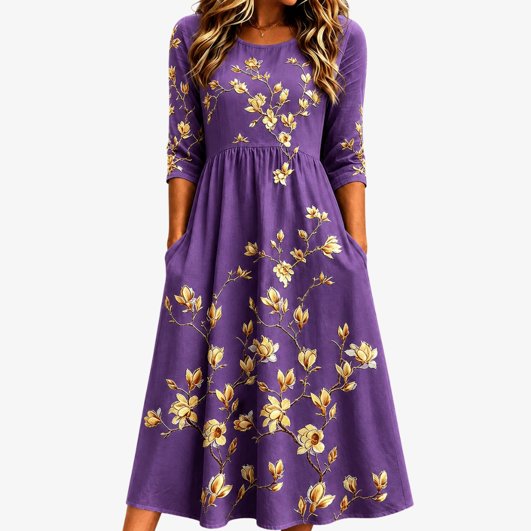 Abito Midi Viola con Tasche e Magnolia Dorata