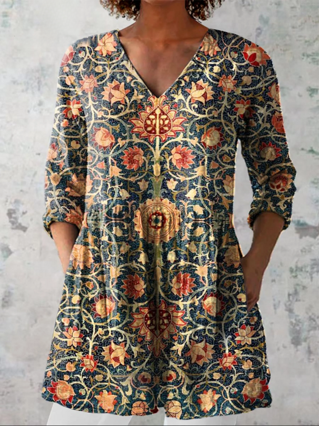 Celine - blusa lunga da donna con scollo a V
