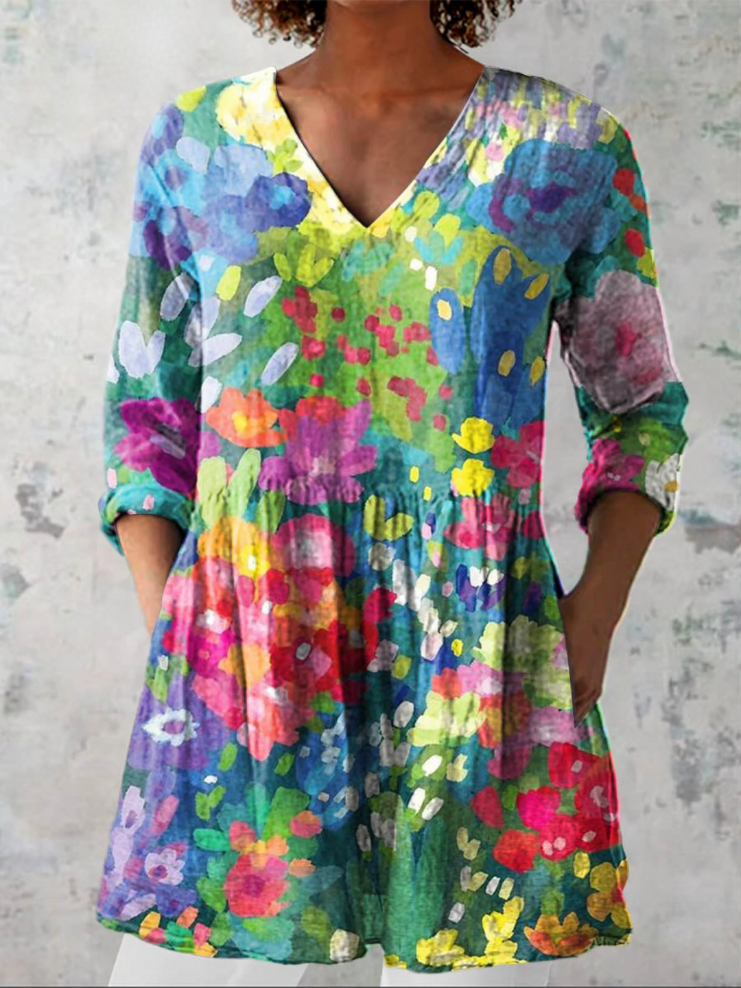 Maelle - blusa lunga da donna con scollatura a V