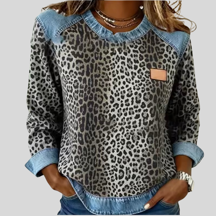 Claudia | Maglione Leopardato con Collo in Denim