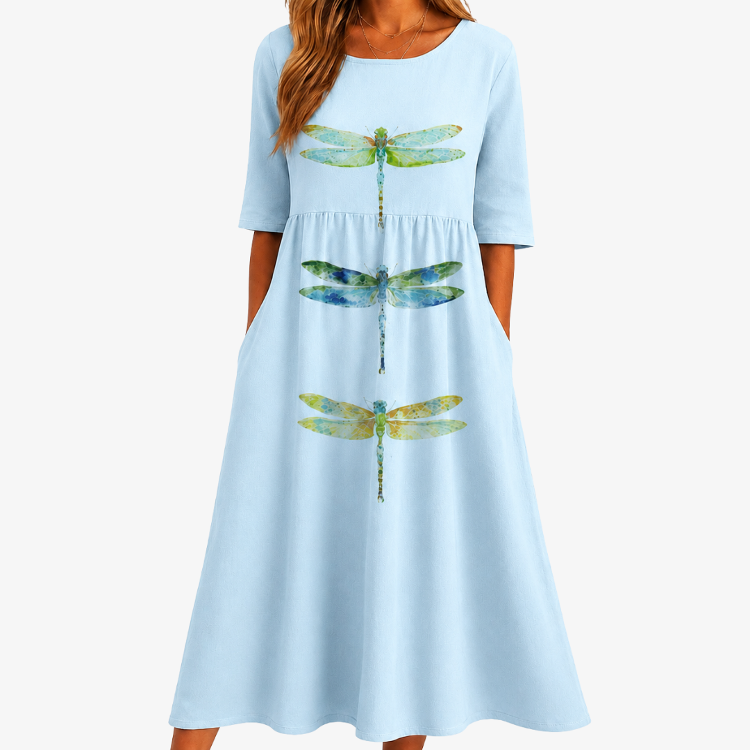 Abito Midi Azzurro con Tasche e Libellule