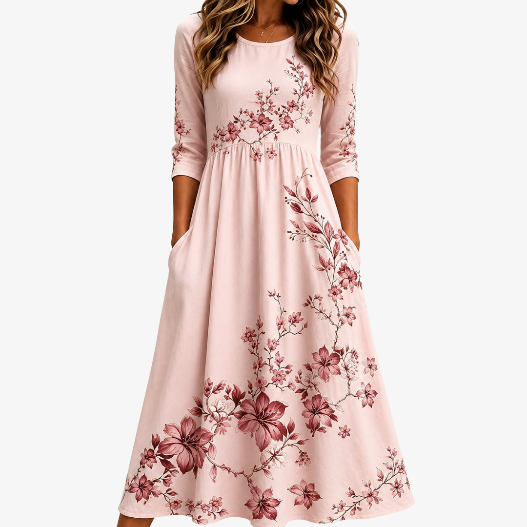 Abito Midi Rosa con Tasche e Rose