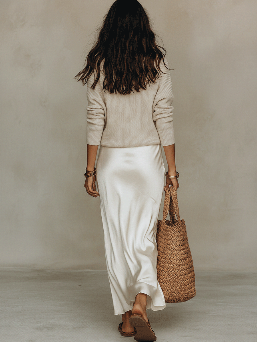 Completo Midi in Maglia e Raso Avorio