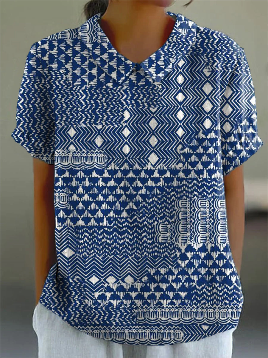 Zaria - camicia da donna con stampa tribale blu e bianca