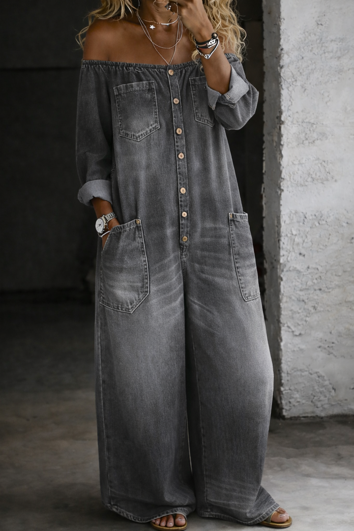 ELENA | TUTA LUNGA IN DENIM A SPALLE SCOPERTE