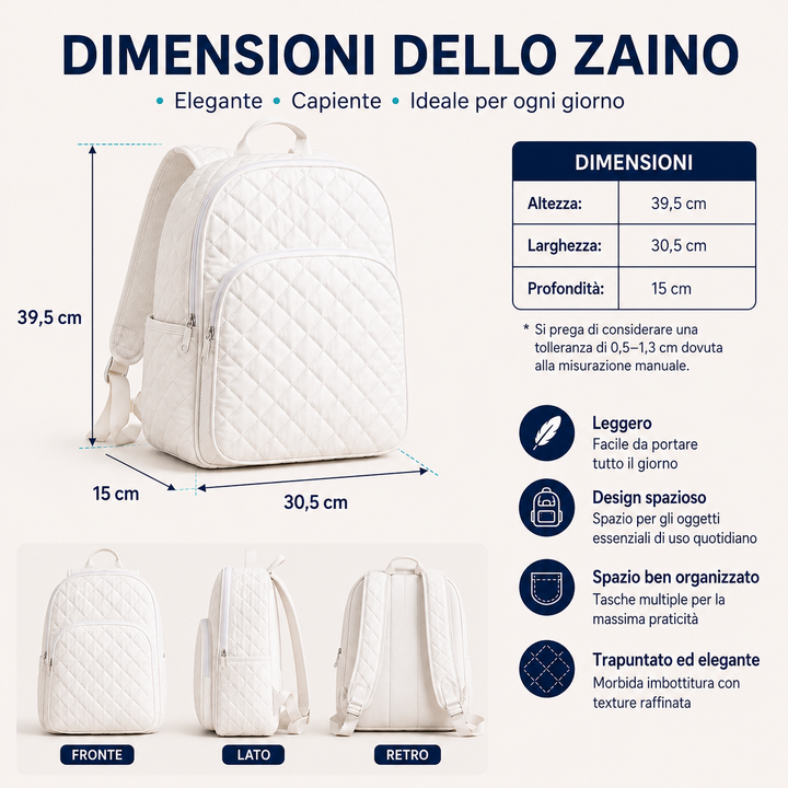 Dettagli tecnici dello zaino trapuntato Maria Milano