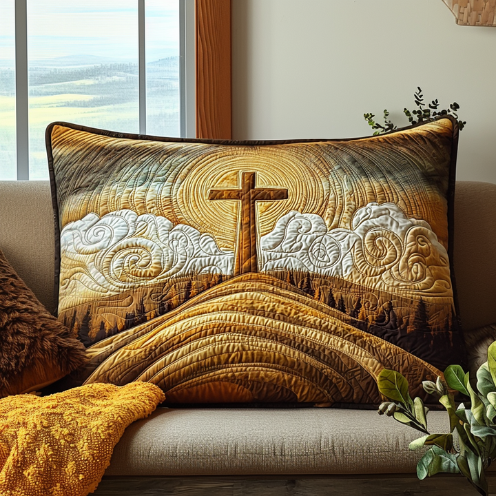 Copricuscino trapuntato con croce cristiana all’alba NCU0DV6474