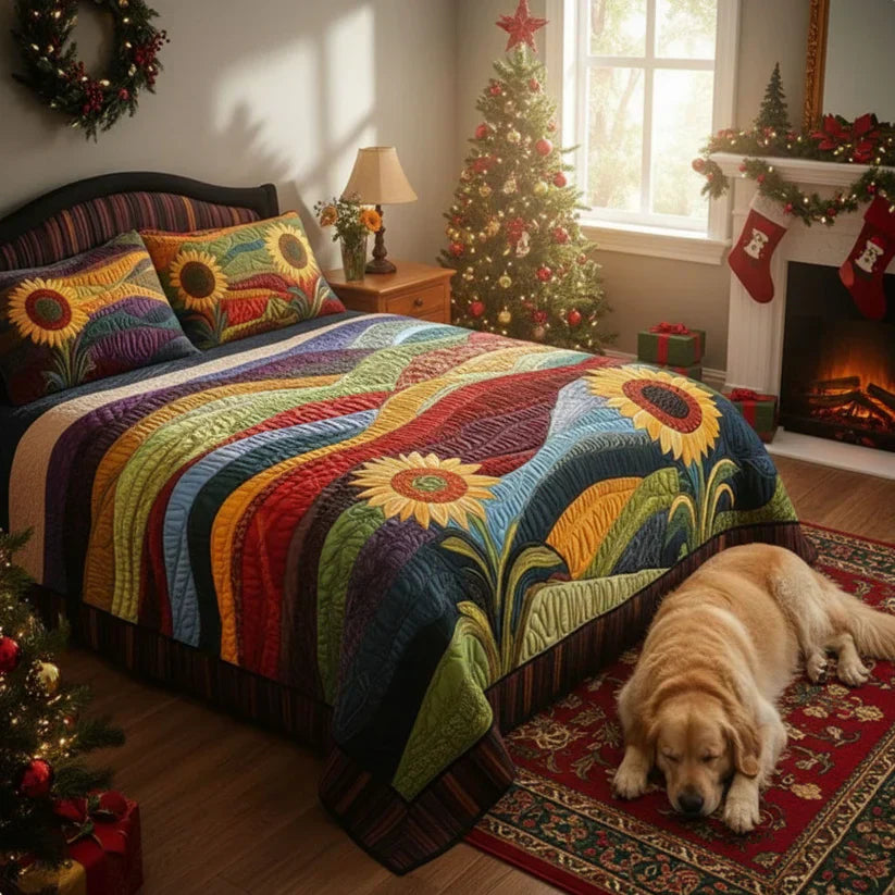 Coperta per letto trapuntata 3 pezzi - Campo di girasoli