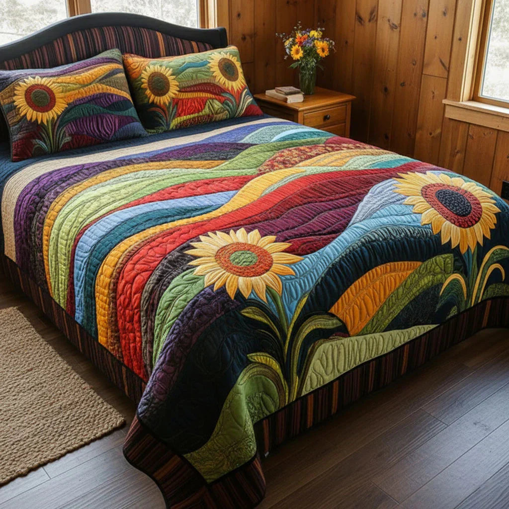 Coperta per letto trapuntata 3 pezzi - Campo di girasoli