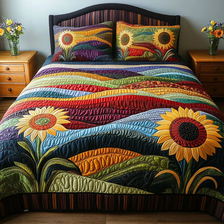 Coperta per letto trapuntata 3 pezzi - Campo di girasoli