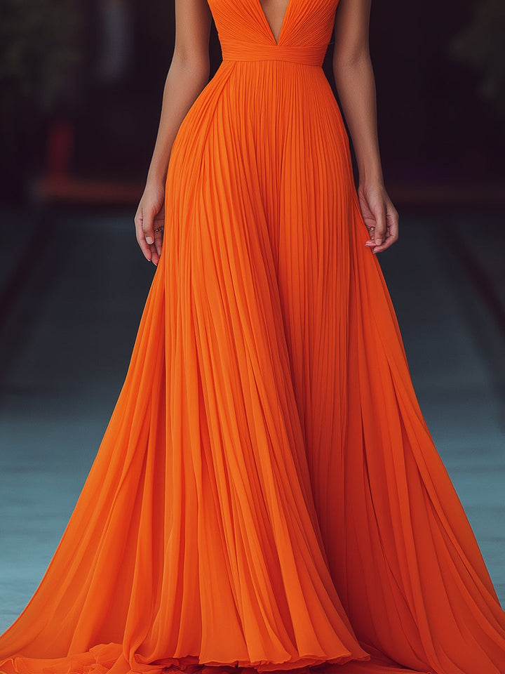 Vesperina | Abito Maxi Plissettato con Scollo a V e Spalle Scoperte