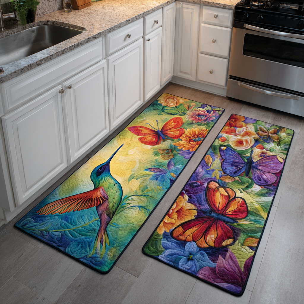 Tappeto da cucina antiscivolo con colibrì e fiori da giardino NCU0DK11063