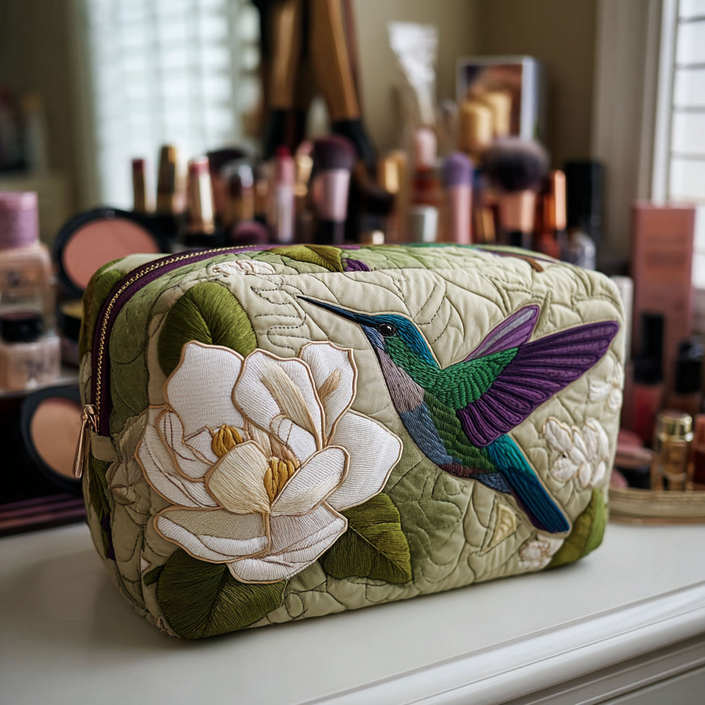 Beauty case trapuntato con colibrì nel prato NCU0DK10216