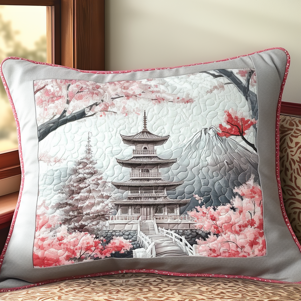 Copricuscino trapuntato con pagoda giapponese e fiori NCU0DV6035