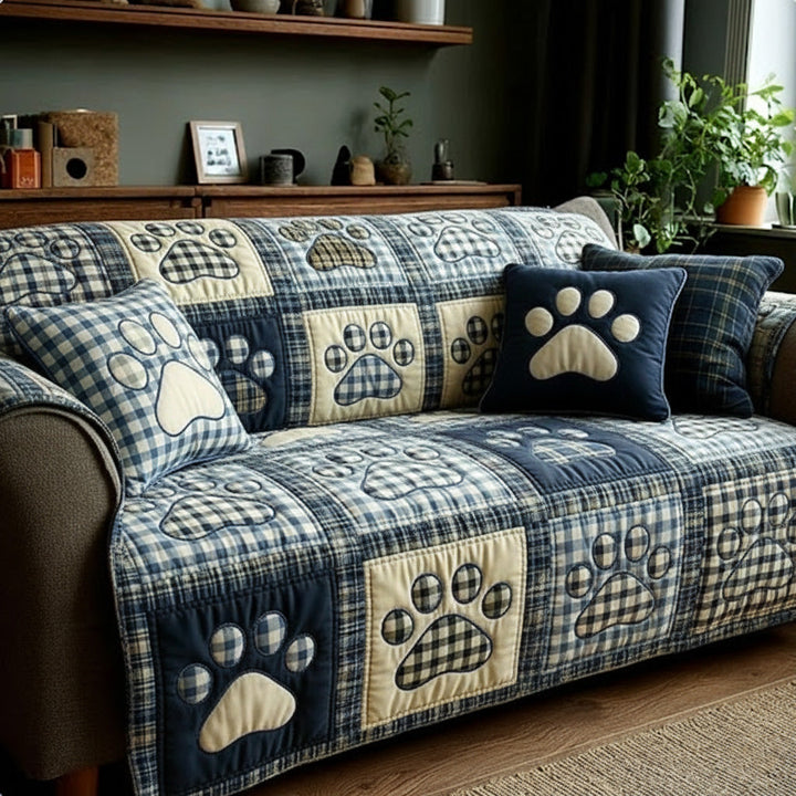 Copertura per Divano Trapuntata con Motivo Gingham Navy e Zampa d&