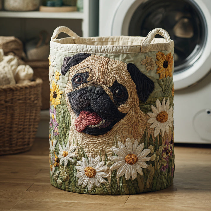 Cesto da Lavanderia Trapuntato con Cani Pug nei Margini NCU0HNH069