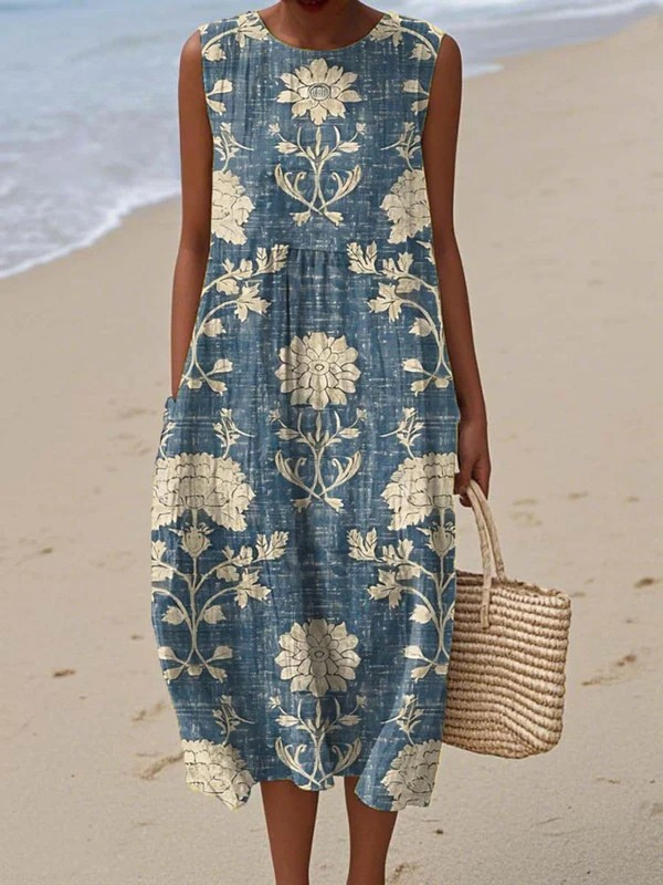 Abito Midi Senza Maniche Boho Floreale