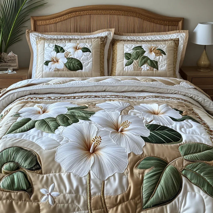 Coperta per letto trapuntata 3 pezzi - Hibiscus Bianco