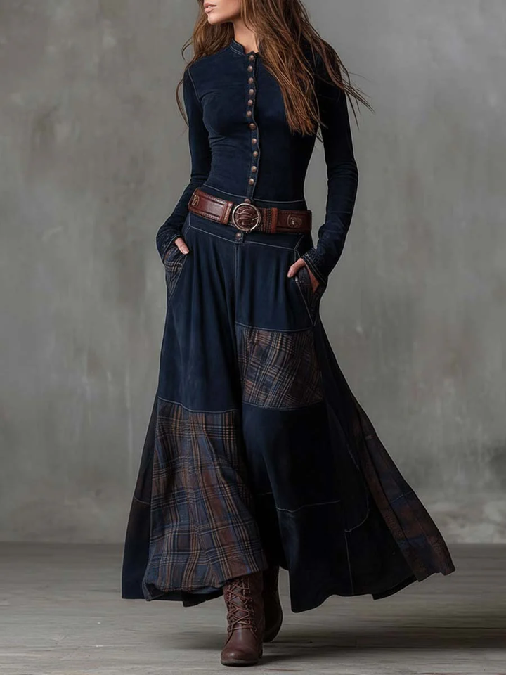 Leone | Abito Lungo Vintage a Quadri con Cintura