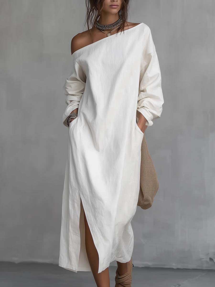 Abito Midi in Cotone e Lino con Spalle Scoperte