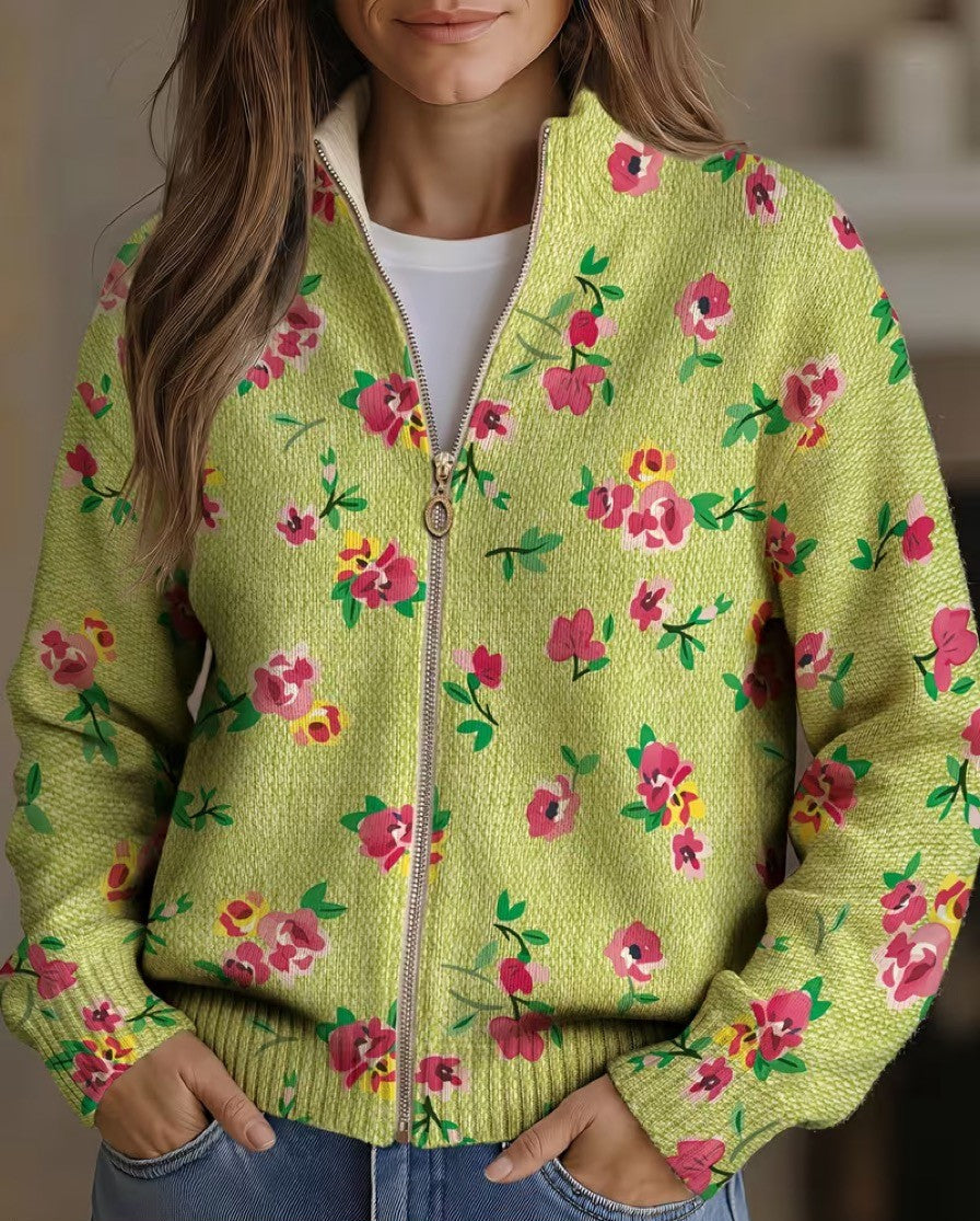 Cardigan donna floreale lime con zip Margot