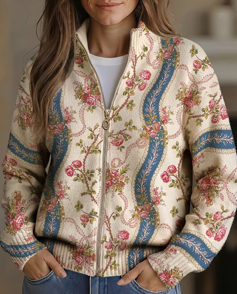 Cardigan donna floreale a righe con zip Rosalind