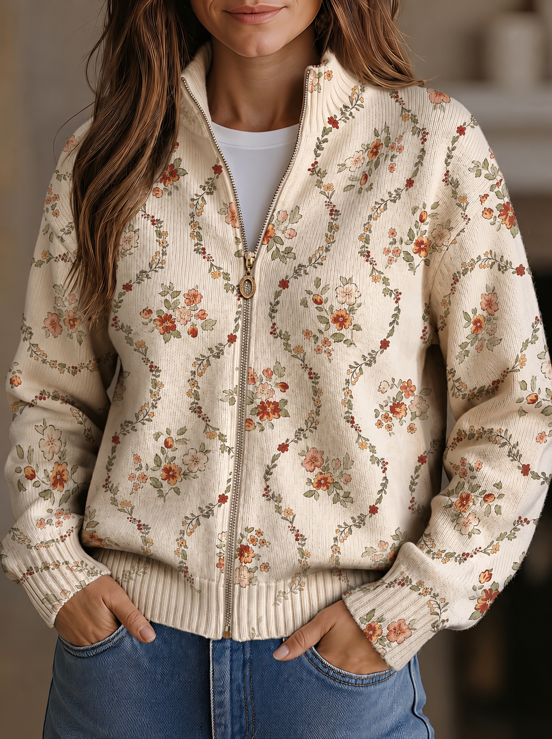Cardigan donna floreale con zip Vivienne