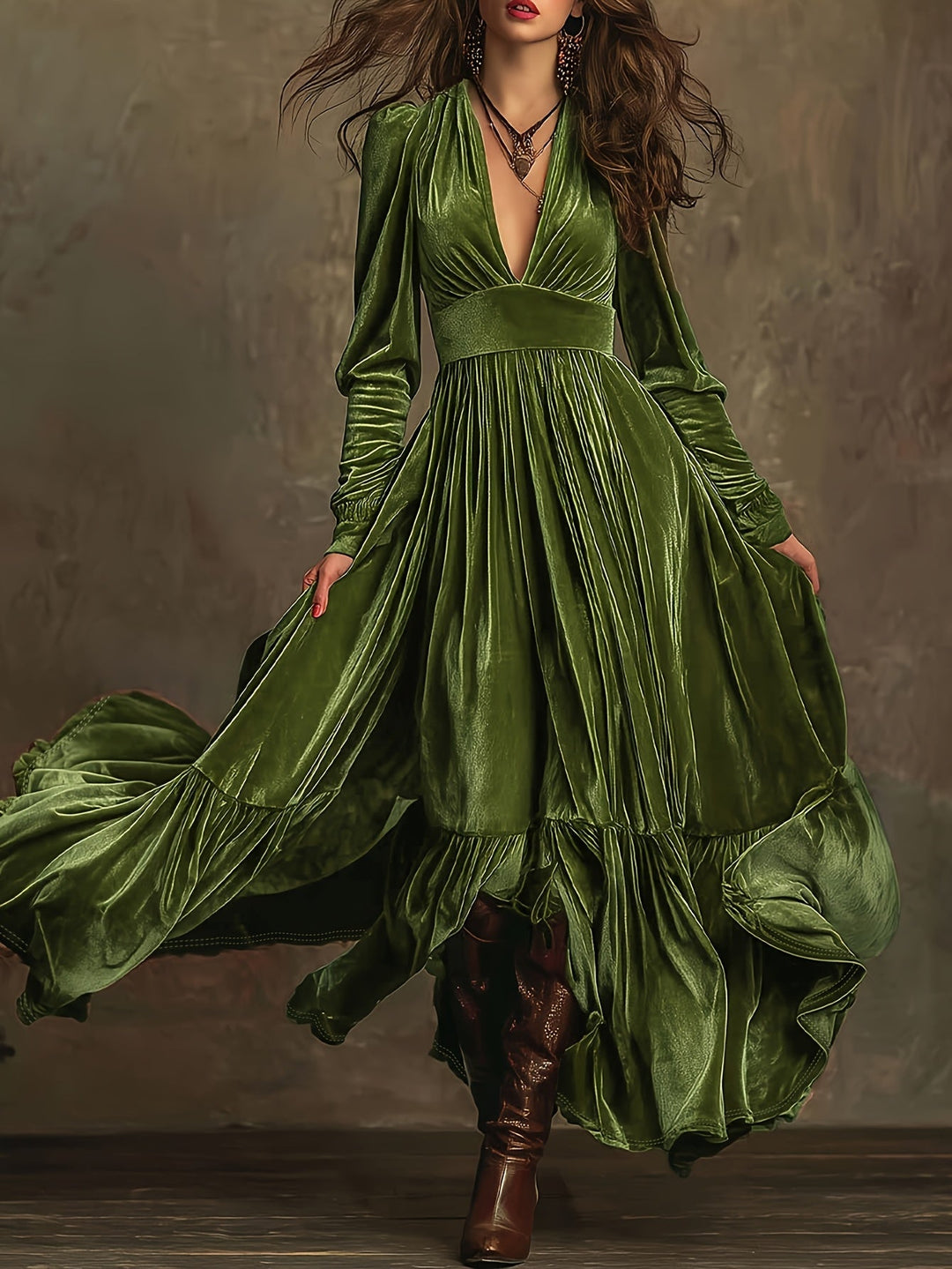 SERAFINA | ABITO LUNGO RETRÒ OVERSIZE CON SCOLLO A V PROFONDO