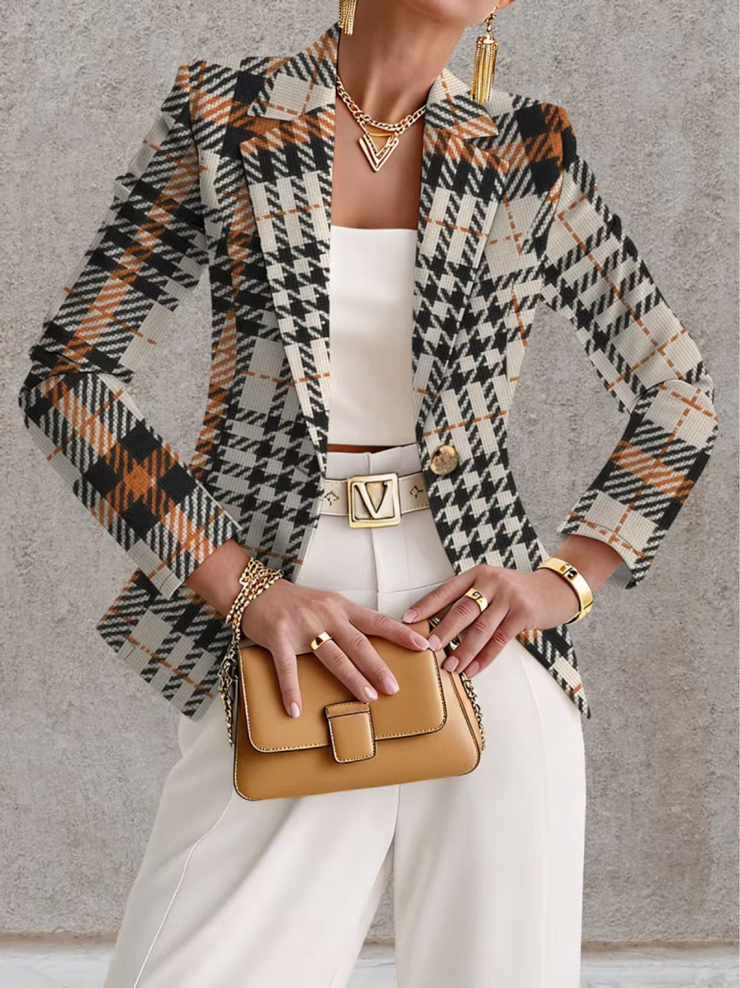 Ghislaine - blazer donna pied-de-poule beige e nero, vista 1