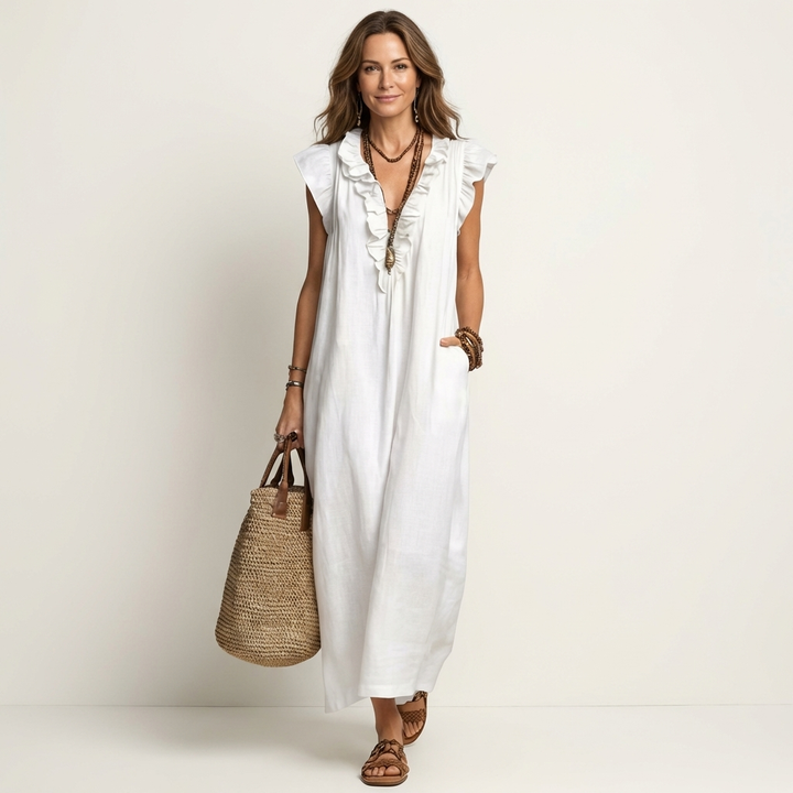 Josette | Abito Maxi in Lino con Rouches e Scollatura a V