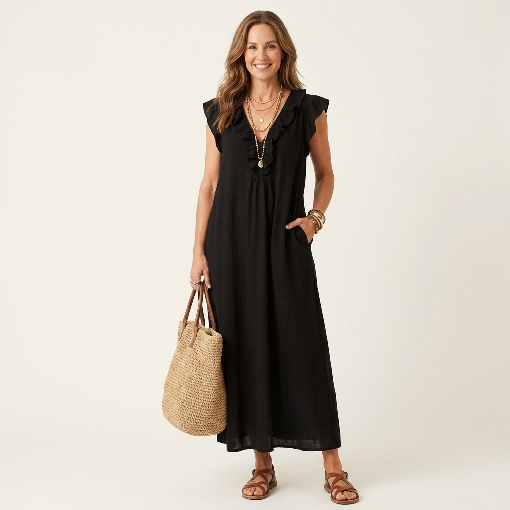 Josette | Abito Maxi in Lino con Rouches e Scollatura a V