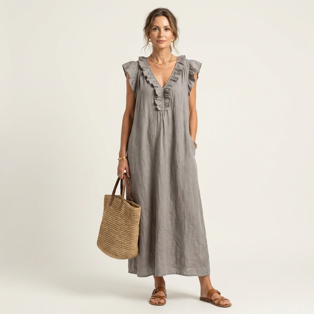 Josette | Abito Maxi in Lino con Rouches a V