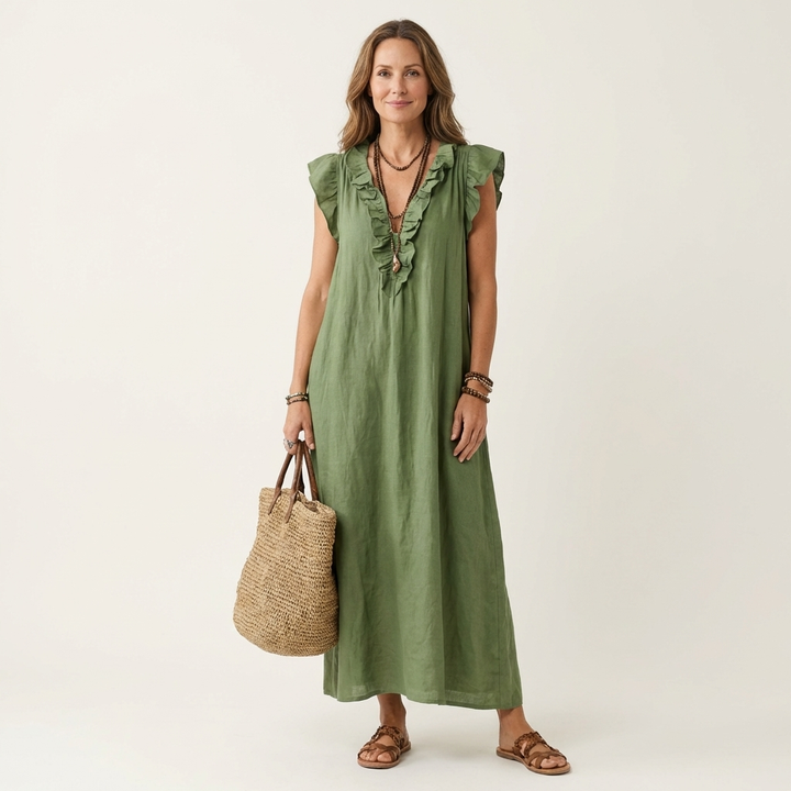 Josette | Abito Maxi in Lino con Rouches e Scollatura a V