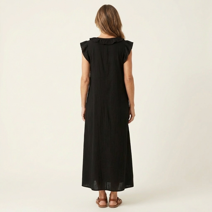 Josette | Abito Maxi in Lino con Rouches e Scollatura a V