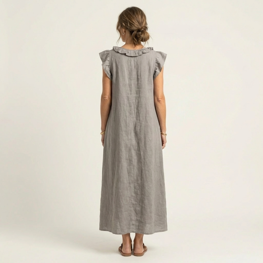 Josette | Abito Maxi in Lino con Rouches e Scollatura a V