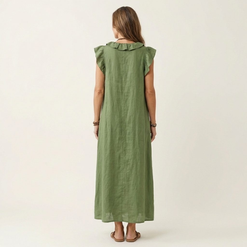 Josette | Abito Maxi in Lino con Rouches e Scollatura a V