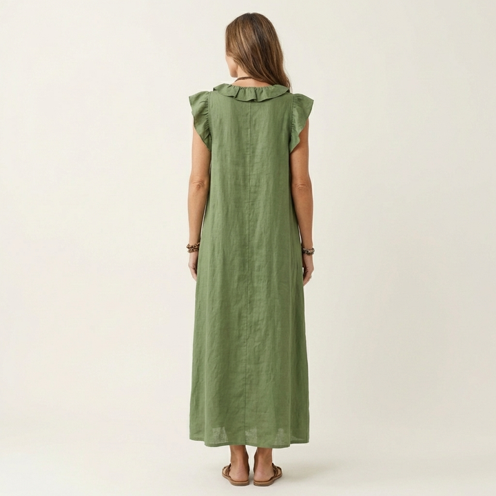 Josette | Abito Maxi in Lino con Rouches e Scollatura a V