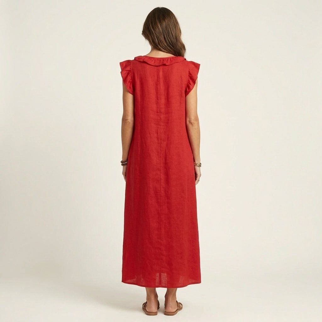Josette | Abito Maxi in Lino con Rouches e Scollatura a V