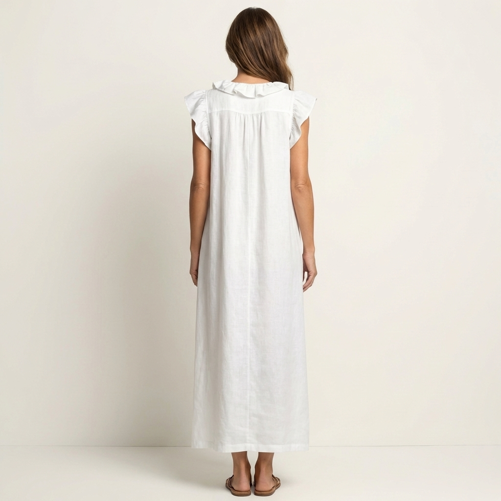 Josette | Abito Maxi in Lino con Rouches e Scollatura a V