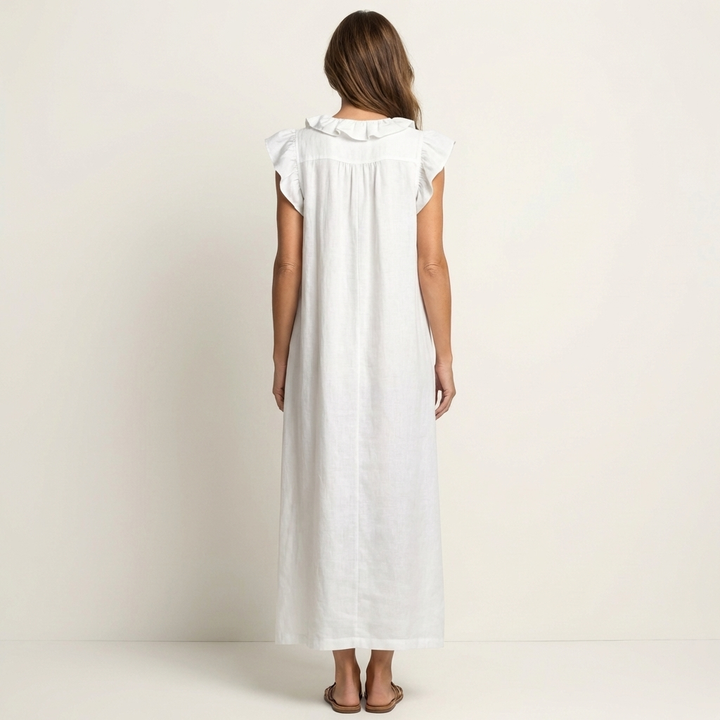 Josette | Abito Maxi in Lino con Rouches e Scollatura a V