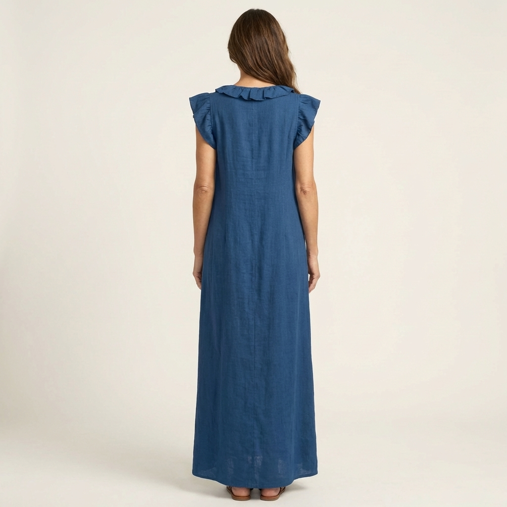 Josette | Abito Maxi in Lino con Rouches e Scollatura a V