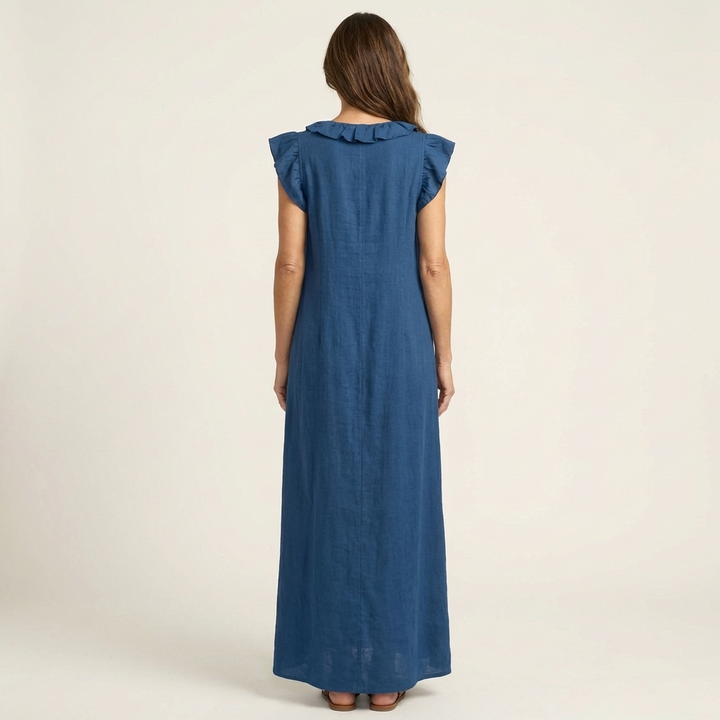 Josette | Abito Maxi in Lino con Rouches e Scollatura a V