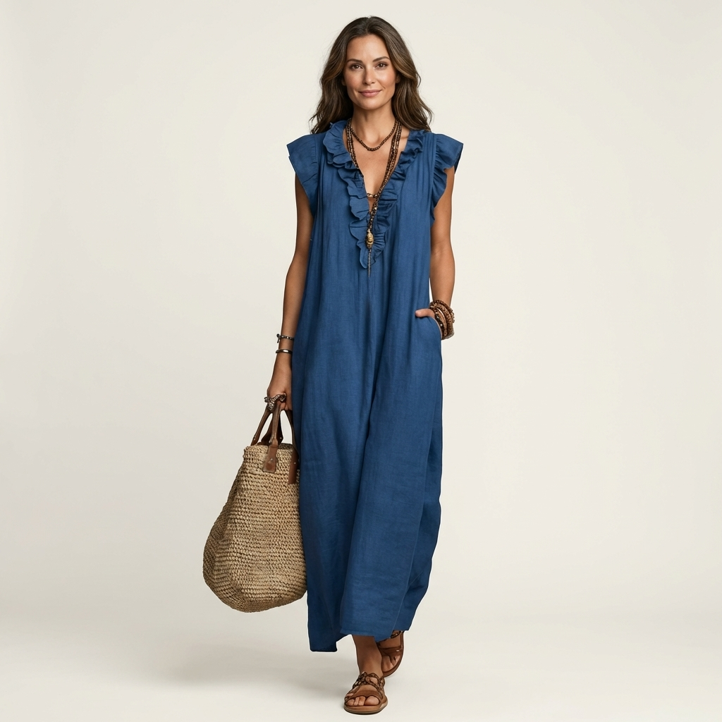 Josette | Abito Maxi in Lino con Rouches e Scollatura a V