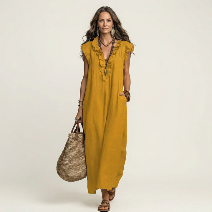 Josette | Abito Maxi in Lino con Rouches e Scollatura a V