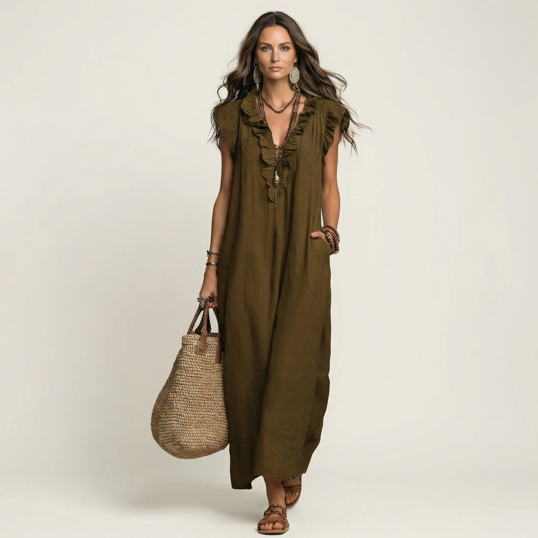 Josette | Abito Maxi in Lino con Rouches e Scollatura a V